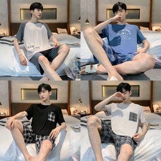 ชุดนอน เสื้อแขนสั้น คอกลม กางเกงขาสั้น พิมพ์ลายตัวอักษรหมากรุก แฟชั่นฤดูร้อน สําหรับเด็กผู้ชาย