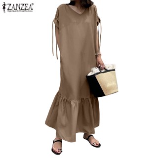 ZANZEA Women Causal Loose Solid Short Sleeve V Neck Ruffles Hem Holiday Long Dress