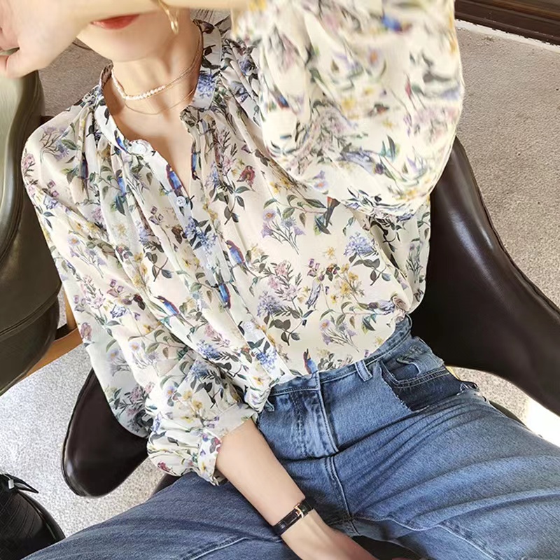 เสื้อแขนยาว ผ้าชีฟอง ลายดอกไม้ ทรงหลวม สไตล์เกาหลี สําหรับผู้หญิง - รูปที่ 2