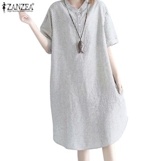 ZANZEA Women Korean Daily Half Sleeve Stripe Printed O-Neck Dress