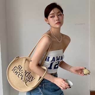 2023 New Korean Style Niche Ins Shoulder Underarm Bag Round Letter Large Capacity Straw Bag Handmade Cotton Rope Woven Bag Travel Vacation Bag