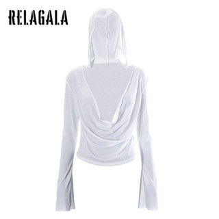 Relagala เสื้อยืดแขนยาว คอวีลึก มีฮู้ด เข้ารูป สีพื้น แฟชั่นสําหรับผู้หญิง 2023