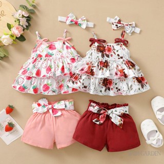 Babygarden-3-24m ชุดเสื้อผ้าเด็กผู้หญิง, สายรัดสปาเก็ตตี้, สตรอเบอร์รี่ / ใบไม้ / เสื้อชั้นใน พิมพ์ลายดอกไม้ + กางเกงขาสั้น เอวยางยืด + ที่คาดผม