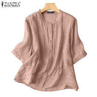 Zanzea เสื้อเชิ้ตลําลอง คอกลม แขน 3/4 สีพื้น สไตล์เกาหลี สําหรับผู้หญิง