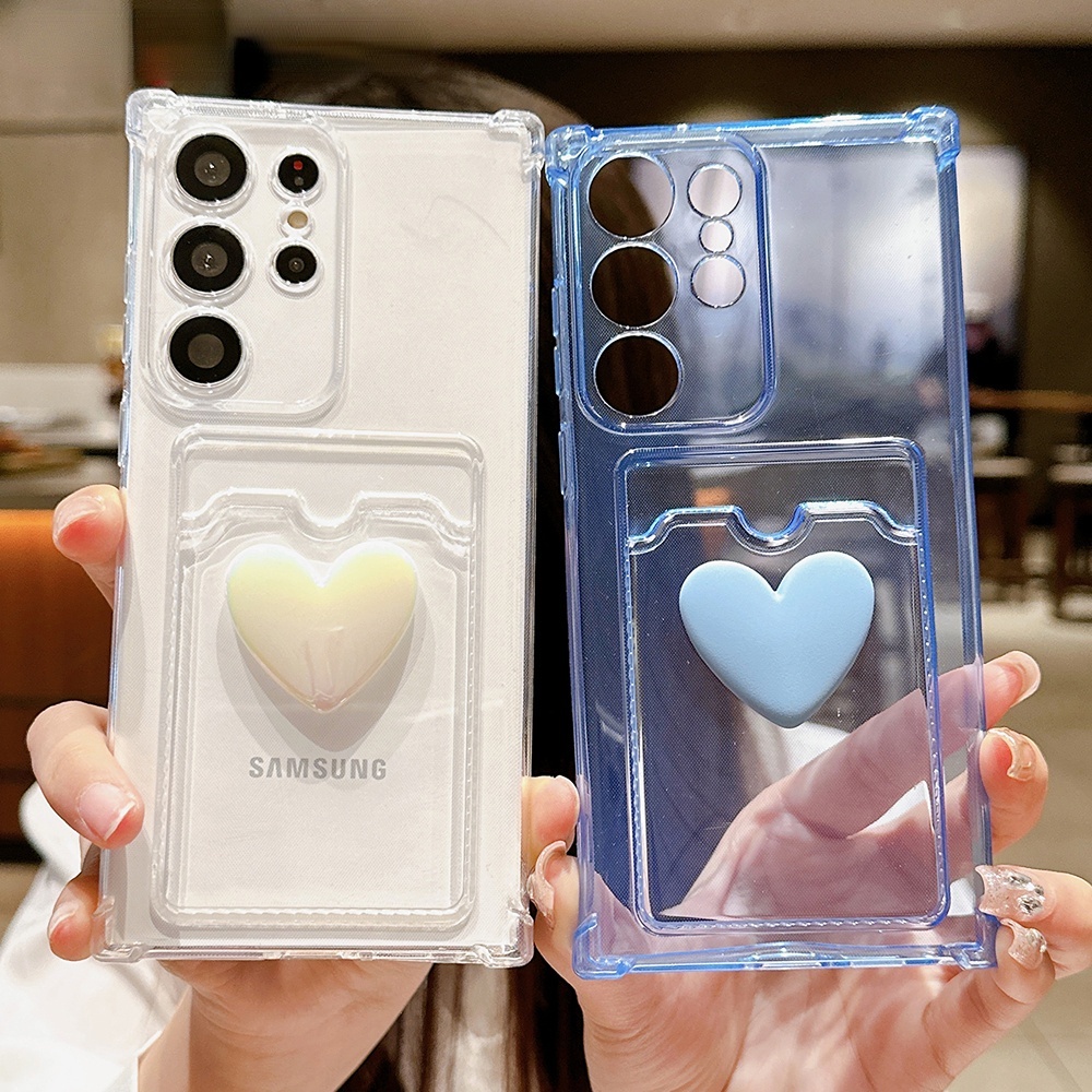เคสโทรศัพท์มือถือแบบใส กันกระแทก ลายหัวใจ 3D พร้อมช่องใส่บัตร สําหรับ Samsung S21 S20 Ultra Plus S20 FE