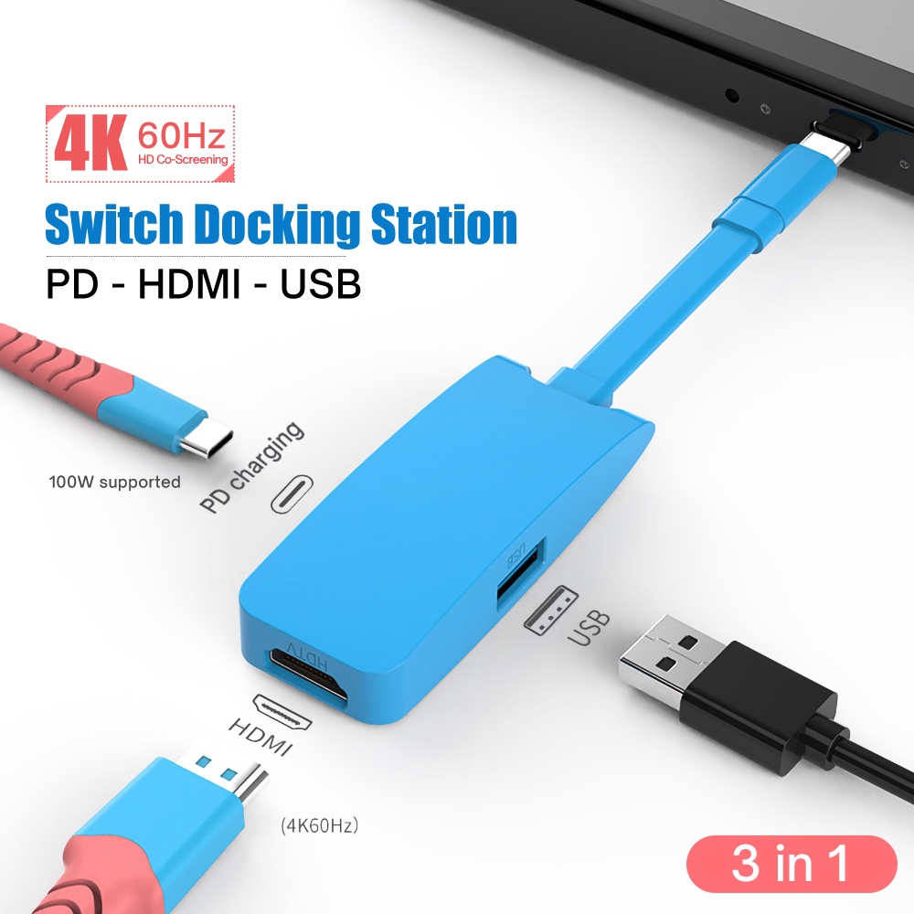 3 in 1 ฮับ USB C TV สําหรับ Nintendo Switch OLED USB C เป็น HDMI 4K 60HZ 100W PD ชาร์จ USB 3.0 2.0 สําหรับแล็ปท็อป พีซี โทรศัพท์มือถือ