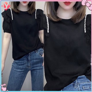 เสื้อยืดคอกลม แขนสั้น ผ้าฝ้าย แต่งลูกไม้ ประดับลูกปัด สีดํา แบบเข้ารูป สําหรับผู้หญิง