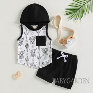 Babygarden-0-3 ปี ชุดเสื้อผ้าเด็กผู้ชาย เสื้อกั๊กมีฮู้ด พิมพ์ลายวัว + กางเกงขาสั้น เอวยางยืด