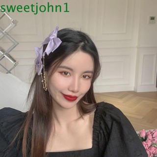 Sweetjohn โบว์คู่กิ๊บโซ่นางฟ้าน่ารักอุปกรณ์ผมพู่สีทึบผู้หญิงปากเป็ดคลิป