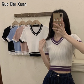 RUO BEI XUAN เสื้อยืดแขนสั้นคอวีผ้าถักสไตล์เกาหลีฤดูร้อนใหม่