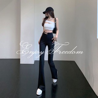 EnjoyFreedom กางเกงผู้หญิงลำลองเอวสูงสลิมเทปกางเกงขาบานไมโคร