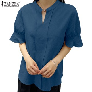 ZANZEA Women Korean Casual Loose Solid Short Sleeve V Neck Cotton Tops