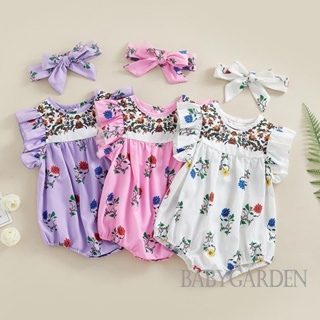 Babygarden- ชุดรอมเปอร์ คอกลม แขนบิน พิมพ์ลายดอกไม้ พร้อมที่คาดผม สําหรับเด็กทารกผู้หญิง