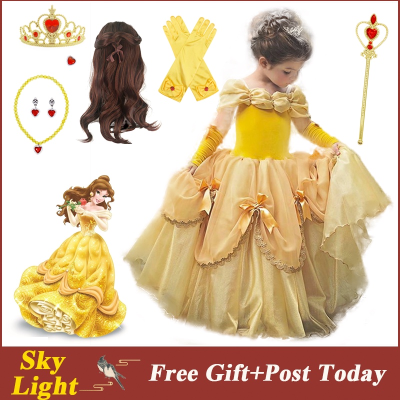 ชุดเดรสเจ้าหญิง Belle Beauty And The Beast ผ้าตาข่าย ปักเลื่อม พร้อมวิกผม มงกุฎ เหมาะกับของขวัญวันเกิด ปาร์ตี้ฮาโลวีน สําหรับเด็กผู้หญิง