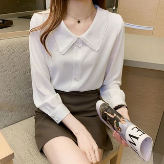 พร้อมส่งจากไทย แฟชั่น เสื้อเชิ้ตสีน้ำเงินผ้าชีฟอง มีปก เสื้อแขนยาวทำงานผู้หญิง ลดอายุ