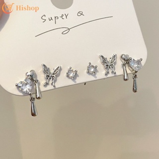 IFME 6pca/set Silver Stud Earrings Zircon Liquid Butterfly Earring Set for Women Accessories Jewelry