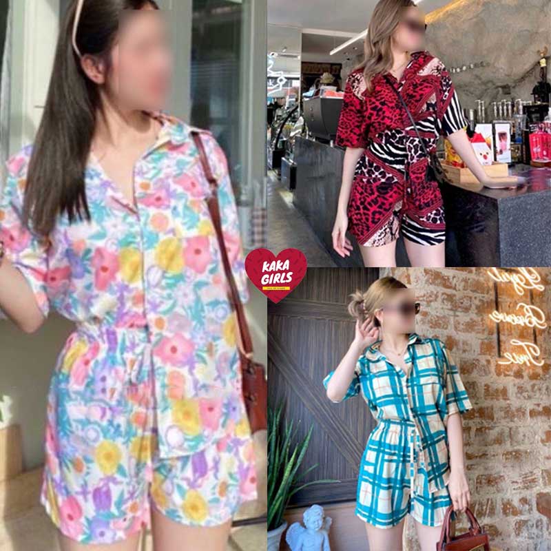 นางแบบใส่งานจริง หลายสีชุดเซ็ตเเฟชั่น Set 2 ชิ้น เสื้อเชิ้ตแขนสั้น กระดุมหน้า มาพร้อมกางเกงขาสั้น