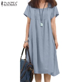 ZANZEA Women Korean Commuting Daily Casual Short Sleeve Pleated Design Dress