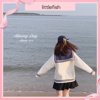 [littlefish] เสื้อคาร์ดิแกน ผ้าถัก ทรงหลวม สีขาว ฉลุลาย สไตล์เรโทร แฟชั่นฤดูใบไม้ผลิ และฤดูใบไม้ร่วง สําหรับผู้หญิง