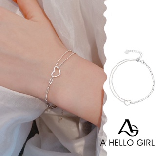 A HELLO GIRL เครื่องประดับ สร้อยข้อมือ จี้รูปหัวใจ แบบกลวง สีเงิน แบบเรียบง่าย สําหรับเด็กผู้หญิง