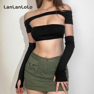 Lanlanlolo เสื้อยืด เปิดไหล่ เซ็กซี่ สีพื้น แฟชั่นสําหรับสตรี 2023