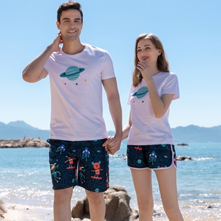 BBB Couple Short Sleeve Floral Print Swimwear Beach Shorts Loose Quick Dry Swim Surfing Trunks Women Swim Suit Hot Spring Wear Lovers Pack