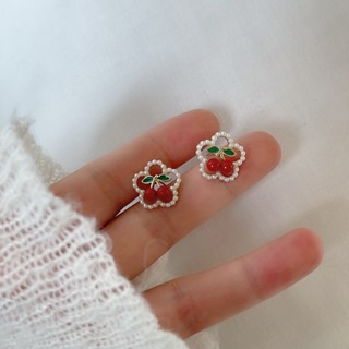 Sweet Girl Red Cherry Pearl Flower Ear Exquisite Small Cute Small Small Design Sensitive Earring Girl