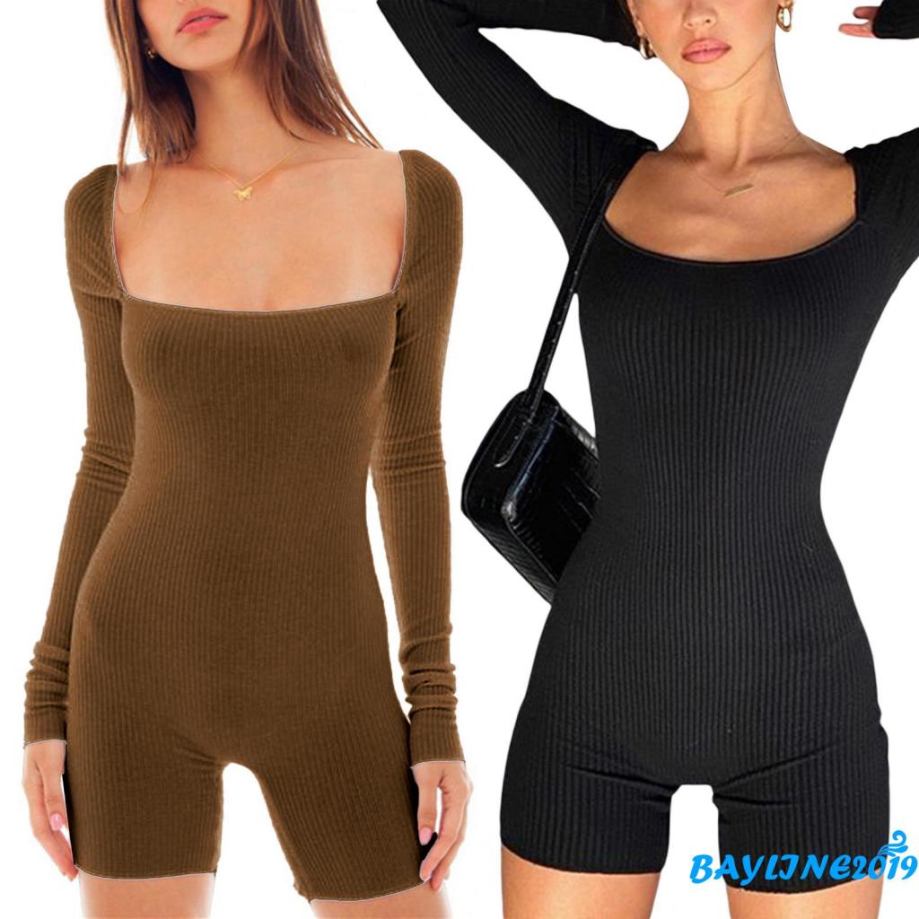 Bay-women Jumpsuit,แขนยาวคอสี่เหลี่ยมสลิมฟิตชุดบอดี้สูทฤดูใบไม้ร่วงสําหรับคลับปาร์ตี้