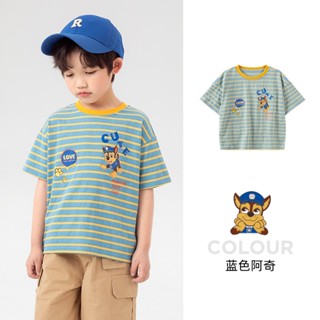 paw patrol เสื้อยืดแขนสั้น คอกลม พิมพ์ลายทาง สําหรับเด็กผู้ชาย ผ้าฝ้ายแท้