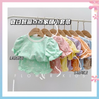 2023 baby Korean childrens clothing summer new peekaboo girls candy color lace bubble sleeve home wear