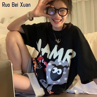 RUO BEI XAUN ฤดูร้อนใหม่สไตล์เกาหลีหลวมขนาดใหญ่พิมพ์เสื้อยืดแขนสั้นผู้หญิง