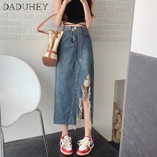 DaDuHey🎈 2023 New Korean Version Retro Blue Denim Skirt High Waist Slit Hole Skirt WOMENS plus Size Long Skirt