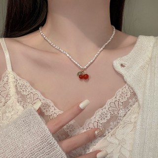 Summer Gentle Pearl Cherry Necklace Women Light Luxury Small Temperament Neck Chain Sweet Advanced Design Collar Chain