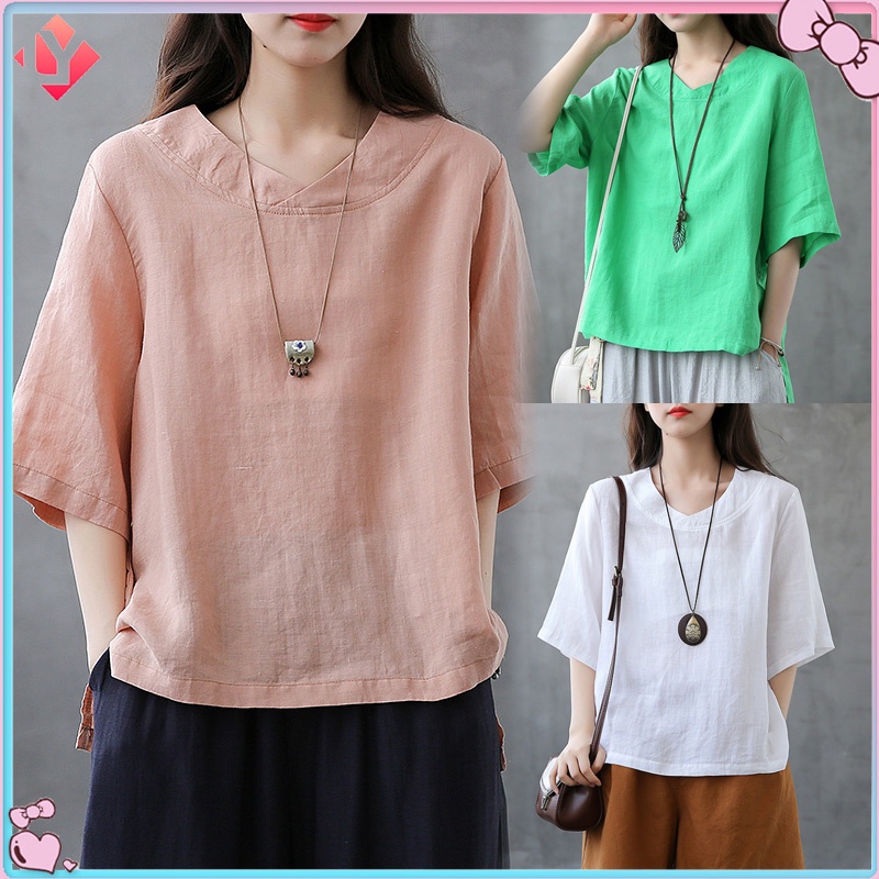 เสื้อเชิ้ตแขนสั้น ผ้าฝ้าย และผ้าลินิน ทรงหลวม สีพื้น สําหรับผู้หญิง