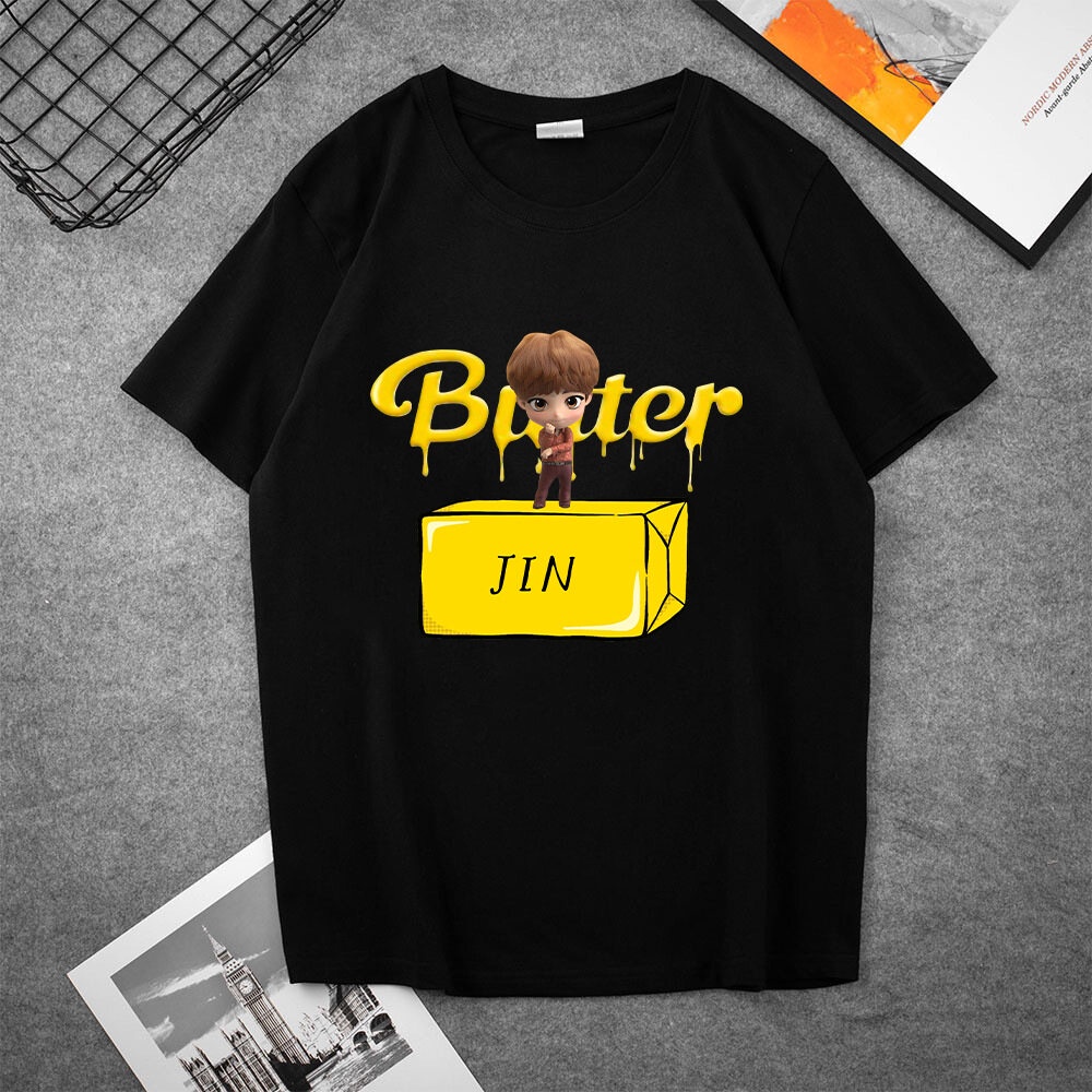 เสื้อยืด BTS BT21 Merchandise Official BUTTER Printing Black and White T-shirt Short Sleeve Student Simplicity Casual  ข