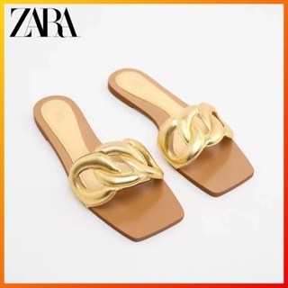 Zara รองเท้าแตะ หนังวัว สีทอง แฟชั่นฤดูร้อน สําหรับผู้หญิง