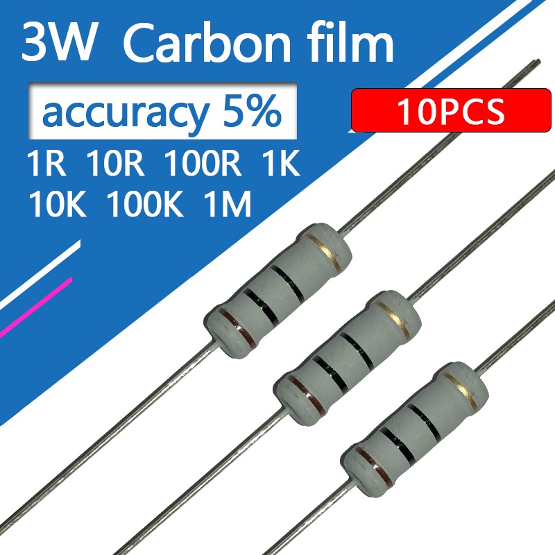 10pcs 3W Carbon film Resistor Four Color Circle 1R 1.2R 1.5R 1K 1K2 1K5 10 12 15 100 120 150 RK Ohm 