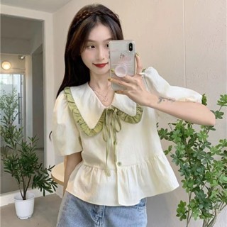 Korean Style Shirt Womens Blouse Color Effect Collar-Side Lace-up Bow Peter Pan Collar Short Sleeve Top