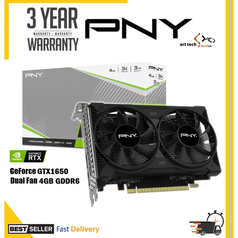 Pny GeForce GTX 1650 4GB GDDR6 พัดลมคู่ GTX1650