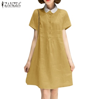 ZANZEA Womens Korean Casual Collar Short Sleeve Half Placket No Pockets Holiday Dresses