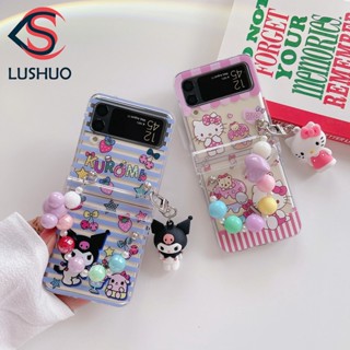 Lushuo เคสโทรศัพท์มือถือ ปิดด้านหลัง แบบตุ๊กตา 3D พร้อมสายโซ่คล้องมือ สําหรับ Samsung Galaxy Z Flip 3 5G and Z Flip 4 Sanrio Kuromi Melody Z Flip3 ZFlip3 ZFlip 3 Z Flip4 ZFlip 4