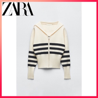 Zara ใหม่ เสื้อแจ็กเก็ตถัก คอปก แขนยาว ลายทาง สําหรับผู้หญิง