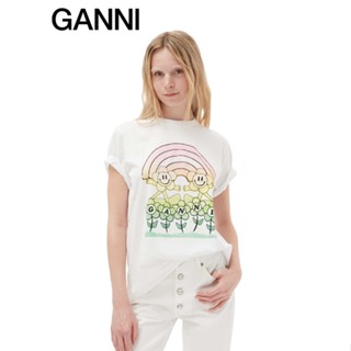 【สินค้าใหม่ ฤดูใบไม้ผลิ และฤดูร้อน】Ganni เสื้อยืดแขนสั้น พิมพ์ลายสายรุ้ง สีขาว สําหรับผู้หญิง