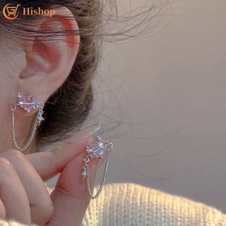 IFME Sweet Pink Heart Earrings Cool Zircon Fringed Silver Earring for Women Accessories Jewelry