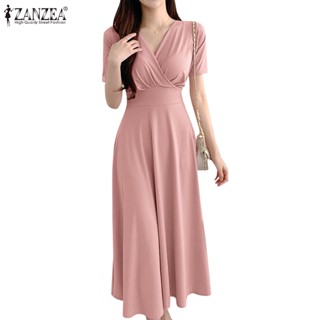 ZANZEA Womens Korean Daily Short Sleeve Lace-Up Waist Waist Cross Collar V-Neck Dress