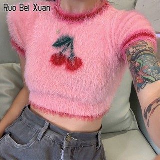 RUO BEI XAUN เสื้อยืดสตรีสไตล์เกาหลีใหม่ผ้าถักแขนสั้นเสื้อยืด