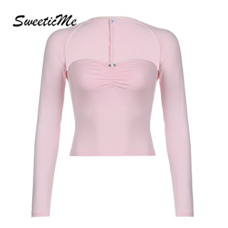 Sweeticme ใหม่ เสื้อยืดลําลอง แขนยาว เข้ารูป สีพื้น แฟชั่นสําหรับสตรี 2023