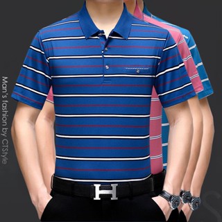 Short-sleeved polo shirt mens summer wear middle-aged T-shirt moisture absorption sweat stripes Tee elderly grandpa fattened plus size wide version jacket boys wear