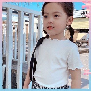 Ice Silk short-sleeved T-shirt new Korean style girls baby Summer clothing all-match striped foreign-style wooden ear-edge childrens top