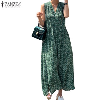 ZANZEA Womens Korean Holiday V-Neck Sleeveless Floral Print Loose Long Elegant Dresses